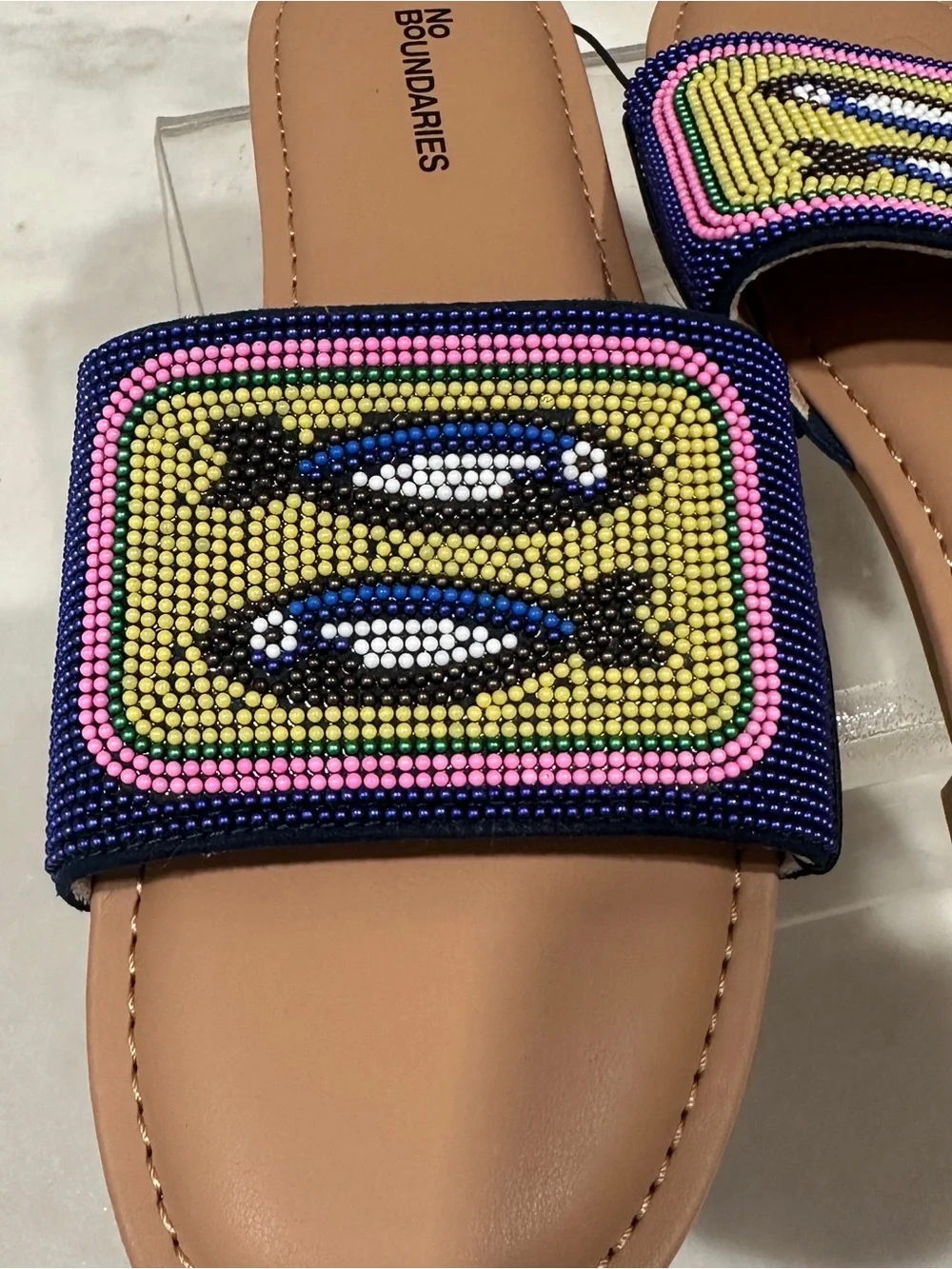 No Boundaries Navy Beaded Fish-Accent Slide Sandals size 9 NWOT
